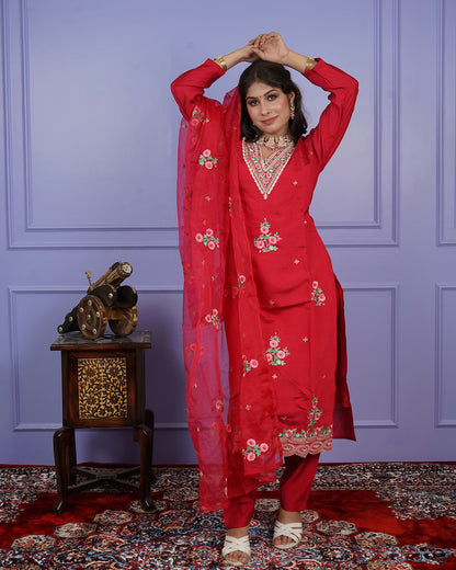 Fully Embroidered Thread Work Kurti Set with Boota Dupatta