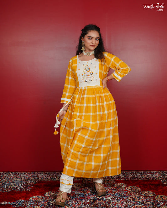 Frock-Style Kurti Set in Chequered Print with Detailed Embellishments