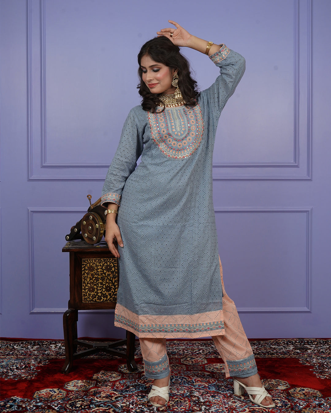 Thread & Chikankari Kurti Set with Contrast Details