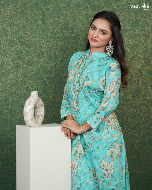 Printed Kurti Set with Handwork & Collar Neck 🌸