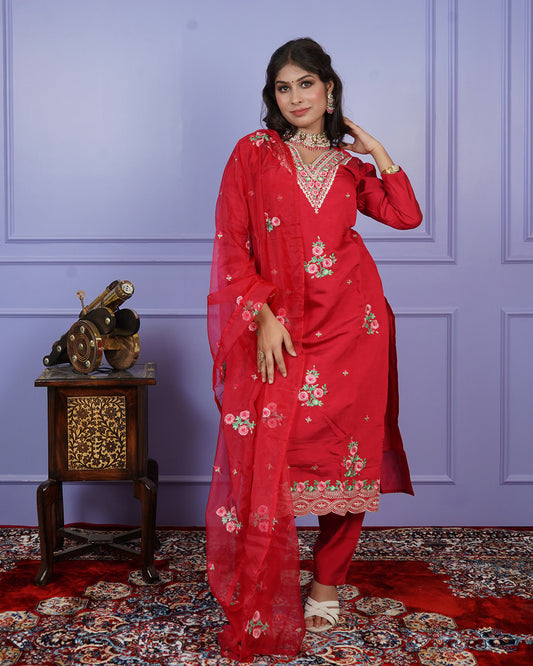 Fully Embroidered Thread Work Kurti Set with Boota Dupatta
