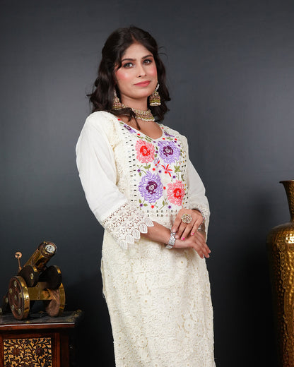 Embroidered Mirror Work Kurti Set with Organza Dupatta