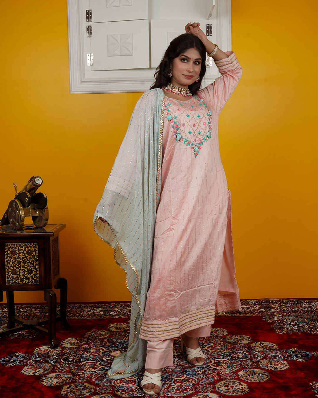 Chandri Silk Kurti Set with Hand Embroidery & Chiffon Dupatta