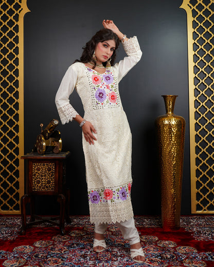 Embroidered Mirror Work Kurti Set with Organza Dupatta