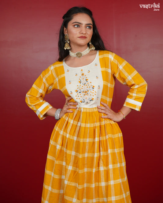 Frock-Style Kurti Set in Chequered Print with Detailed Embellishments