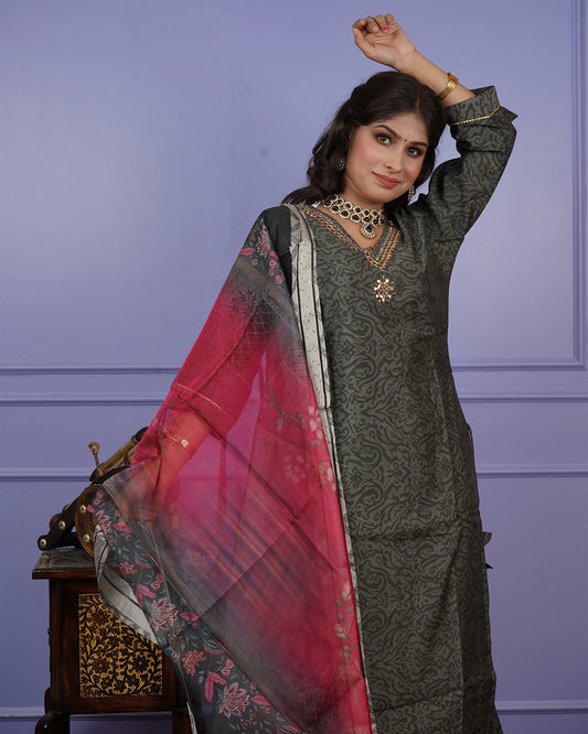 Self-Printed Kurti Set with Stylish Printed Dupatta