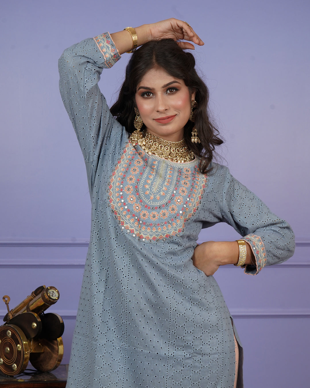 Thread & Chikankari Kurti Set with Contrast Details