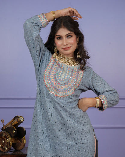 Thread & Chikankari Kurti Set with Contrast Details