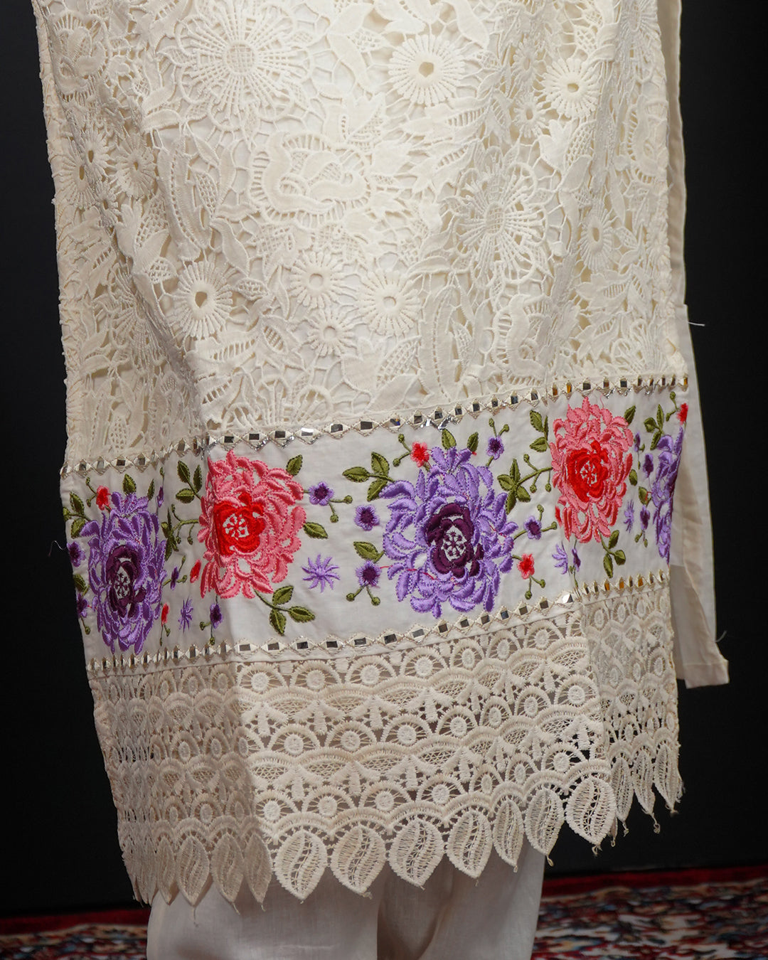 Embroidered Mirror Work Kurti Set with Organza Dupatta