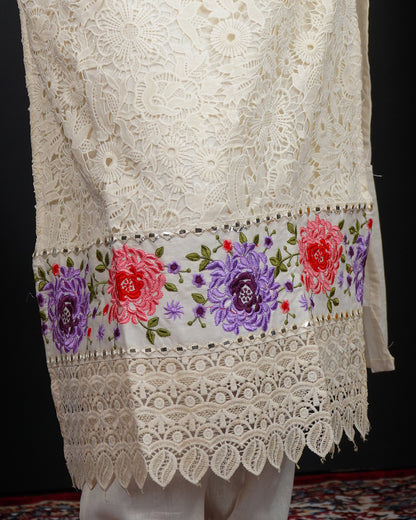 Embroidered Mirror Work Kurti Set with Organza Dupatta