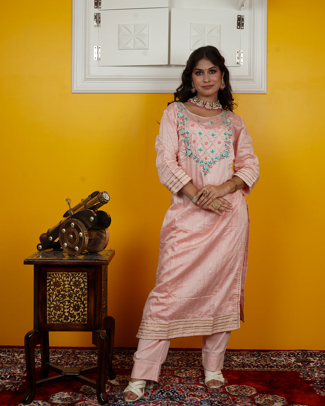 Chandri Silk Kurti Set with Hand Embroidery & Chiffon Dupatta