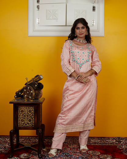Chandri Silk Kurti Set with Hand Embroidery & Chiffon Dupatta