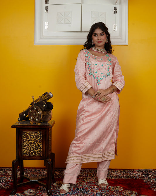 Chandri Silk Kurti Set with Hand Embroidery & Chiffon Dupatta