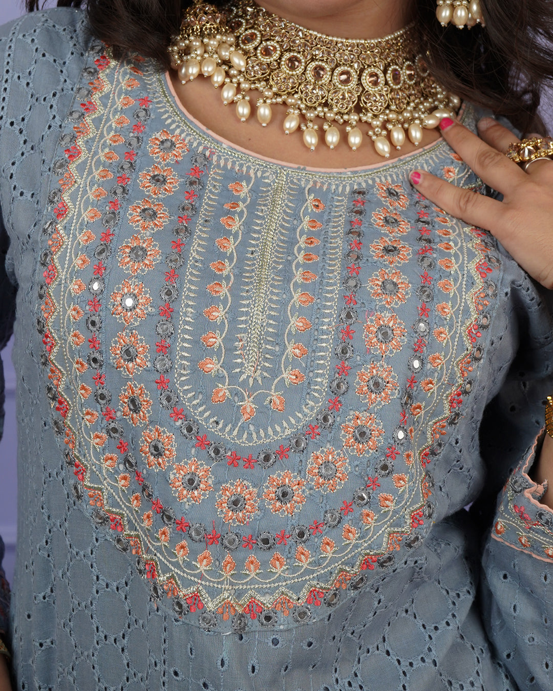 Thread & Chikankari Kurti Set with Contrast Details