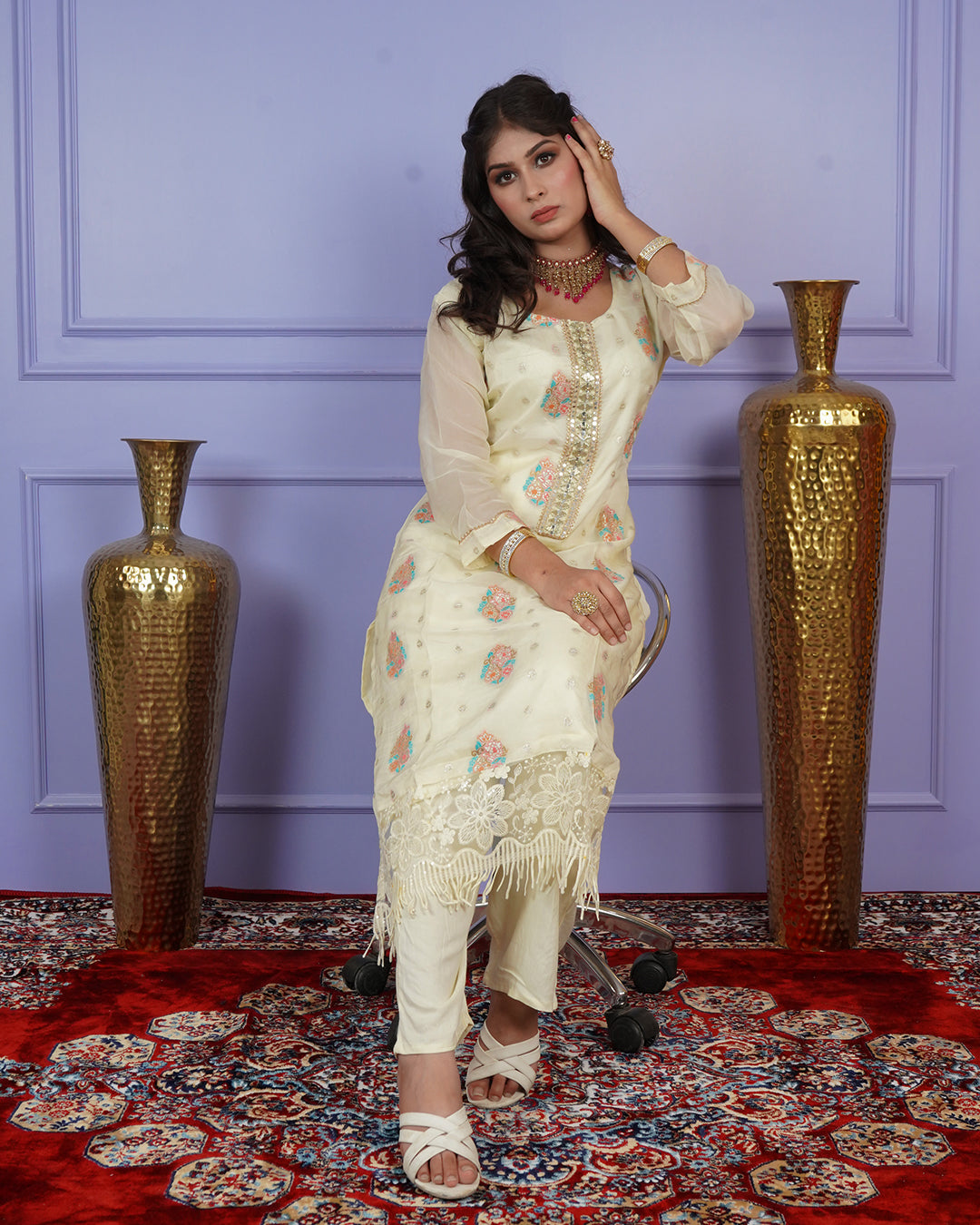 Banarasi Boota Straight Kurti Set with Handwork