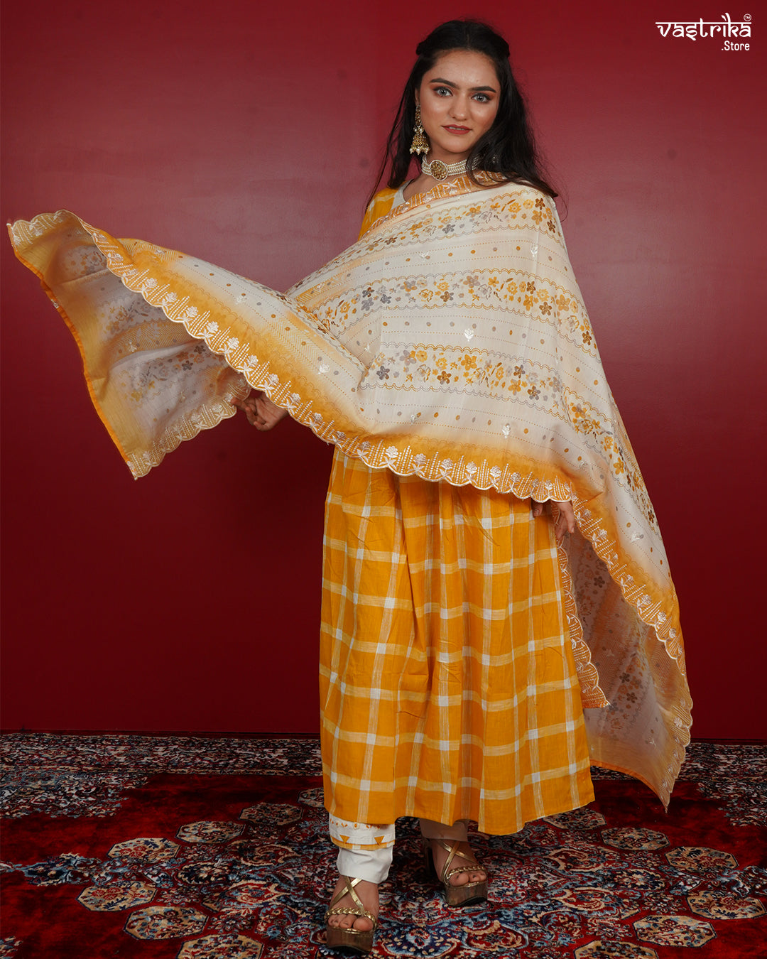 Frock-Style Kurti Set in Chequered Print with Detailed Embellishments