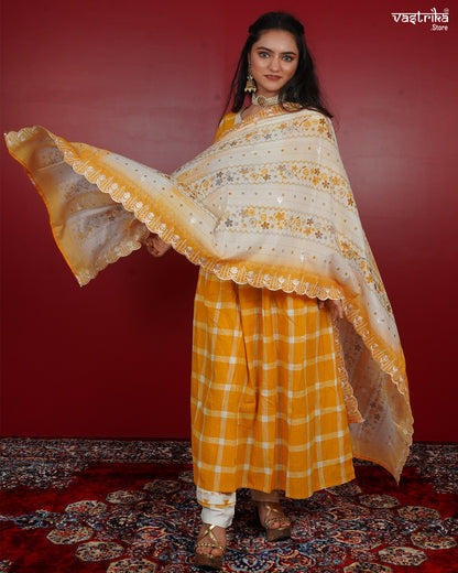 Frock-Style Kurti Set in Chequered Print with Detailed Embellishments