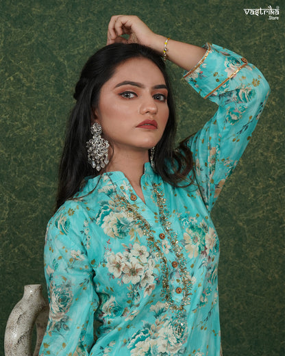 Printed Kurti Set with Handwork & Collar Neck 🌸