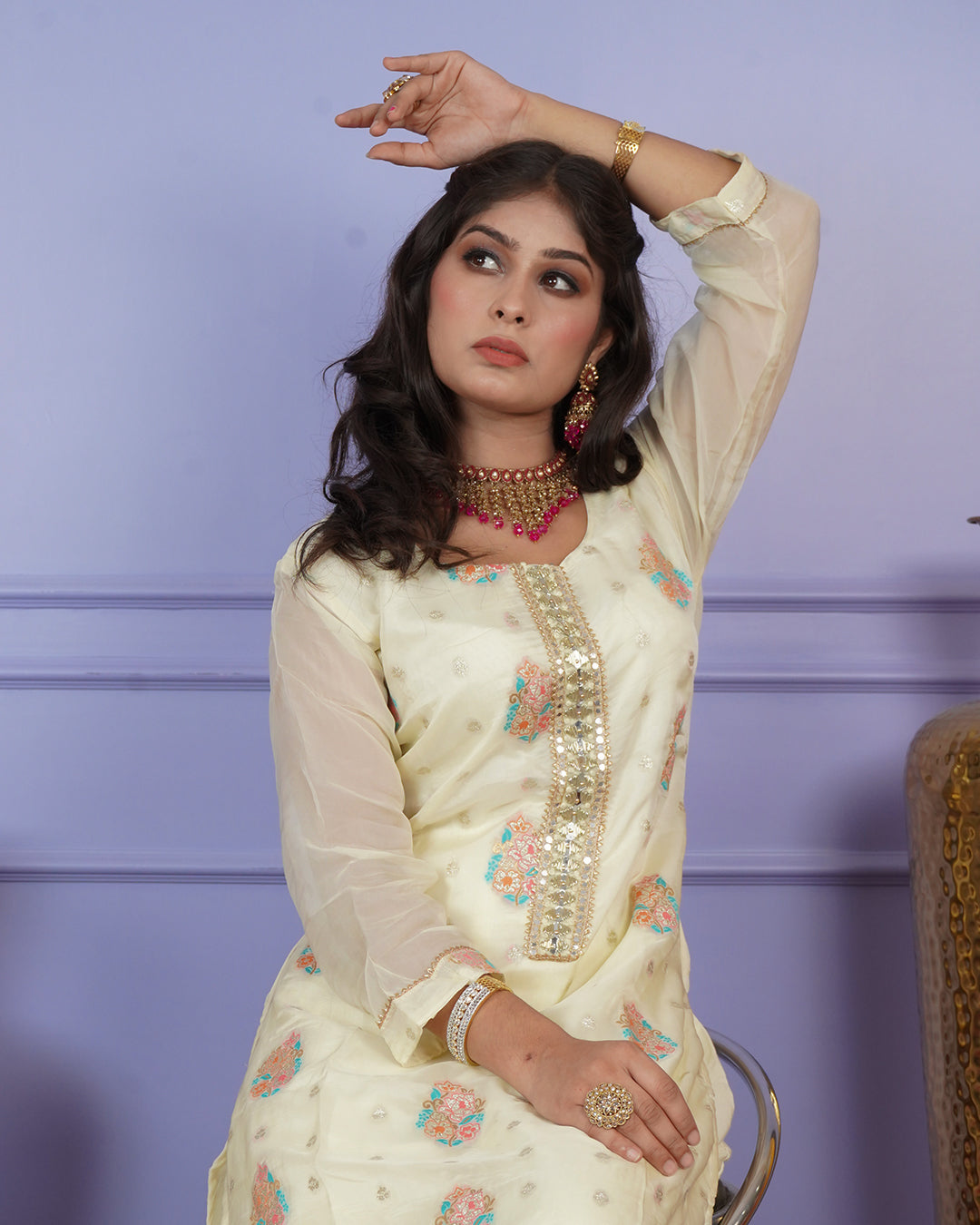 Banarasi Boota Straight Kurti Set with Handwork