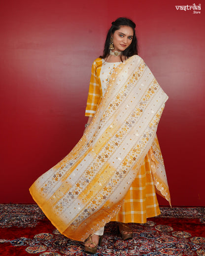 Frock-Style Kurti Set in Chequered Print with Detailed Embellishments