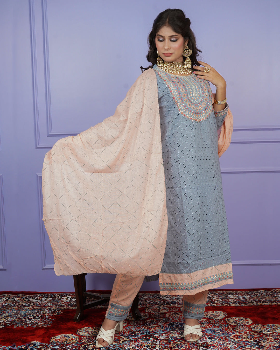 Thread & Chikankari Kurti Set with Contrast Details