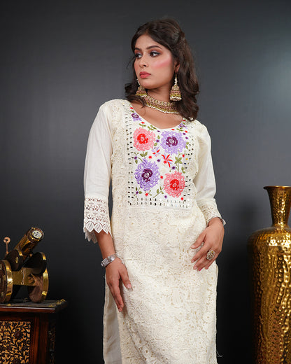 Embroidered Mirror Work Kurti Set with Organza Dupatta