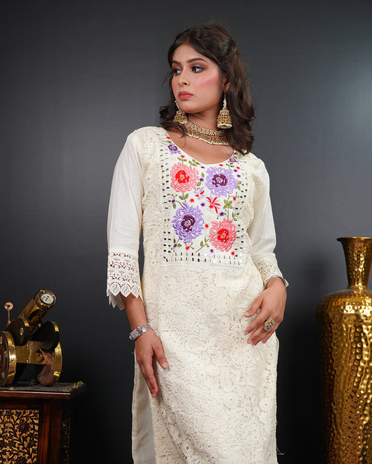 Embroidered Mirror Work Kurti Set with Organza Dupatta