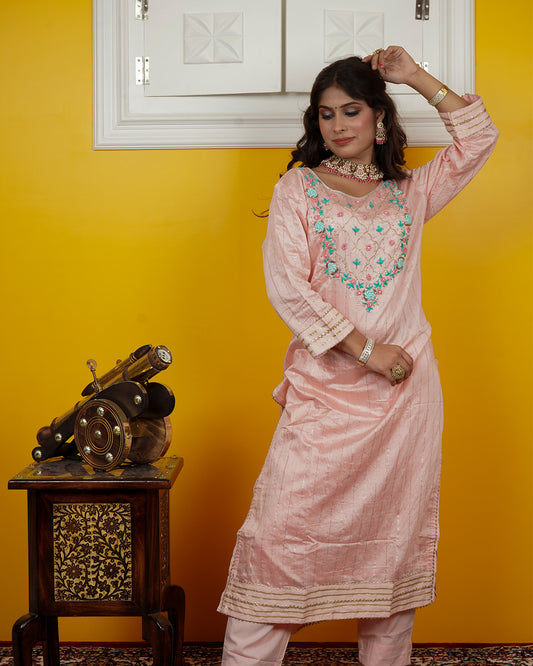 Chandri Silk Kurti Set with Hand Embroidery & Chiffon Dupatta