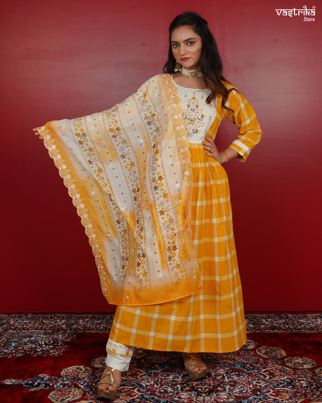 Frock-Style Kurti Set in Chequered Print with Detailed Embellishments