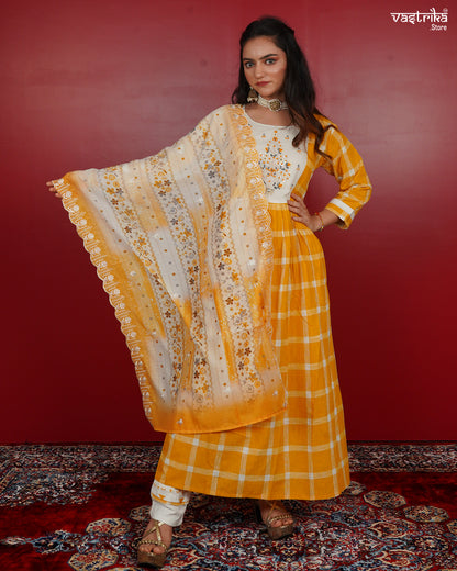 Frock-Style Kurti Set in Chequered Print with Detailed Embellishments