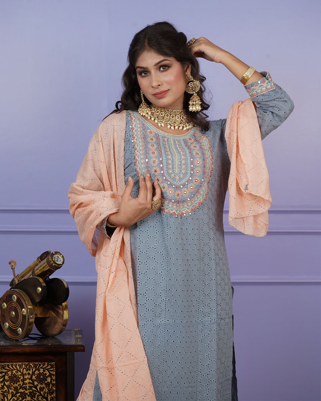 Thread & Chikankari Kurti Set with Contrast Details