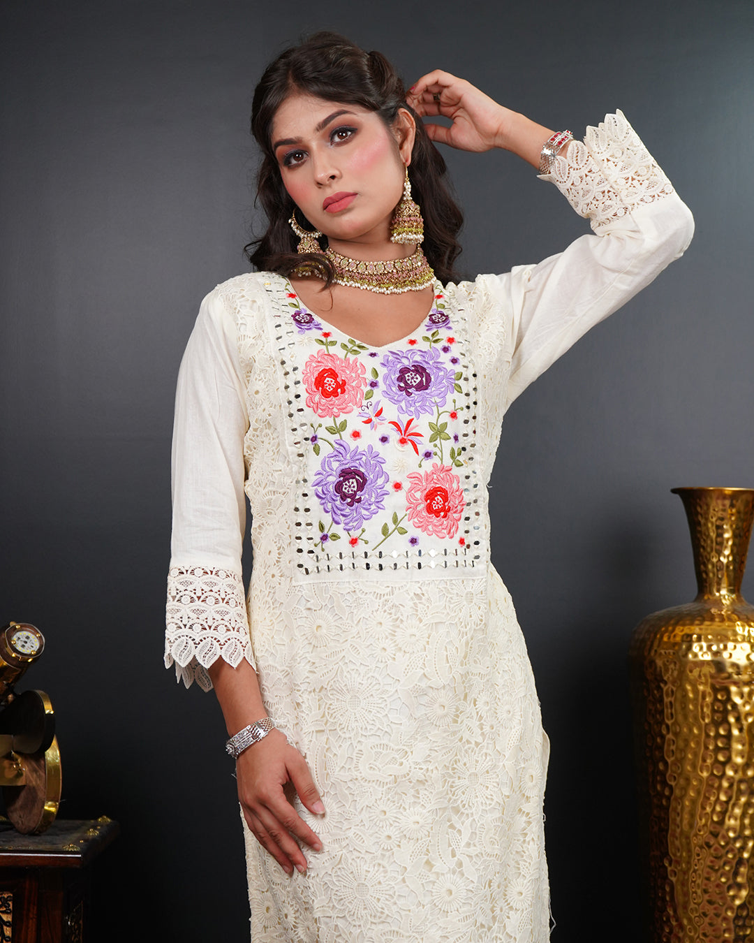Embroidered Mirror Work Kurti Set with Organza Dupatta
