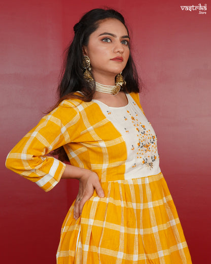 Frock-Style Kurti Set in Chequered Print with Detailed Embellishments
