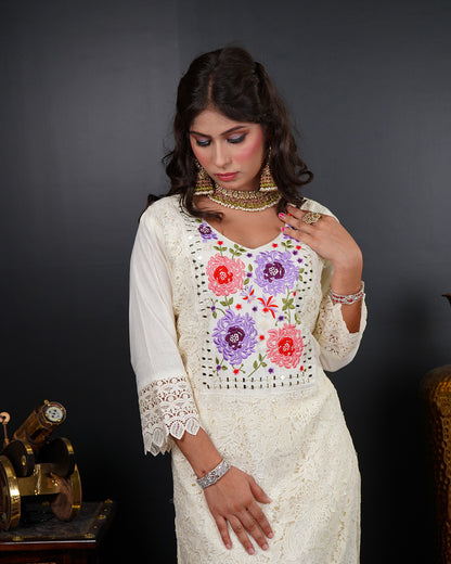 Embroidered Mirror Work Kurti Set with Organza Dupatta
