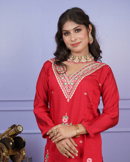 Fully Embroidered Thread Work Kurti Set with Boota Dupatta