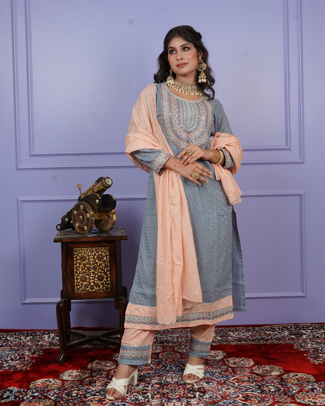 Thread & Chikankari Kurti Set with Contrast Details