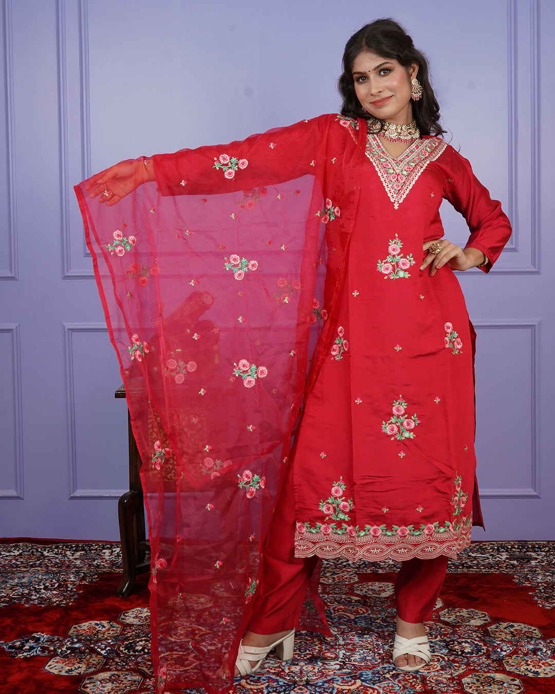 Fully Embroidered Thread Work Kurti Set with Boota Dupatta