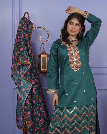 Straight-Cut Thread Work Kurti Set with Elegant Dupatta