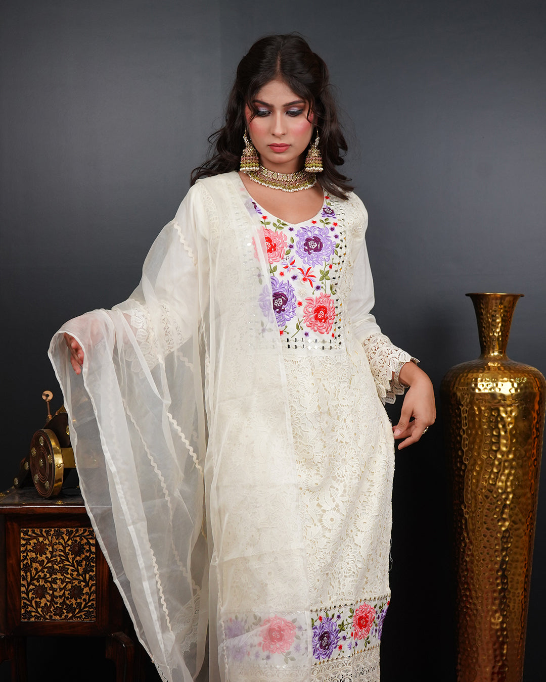 Embroidered Mirror Work Kurti Set with Organza Dupatta