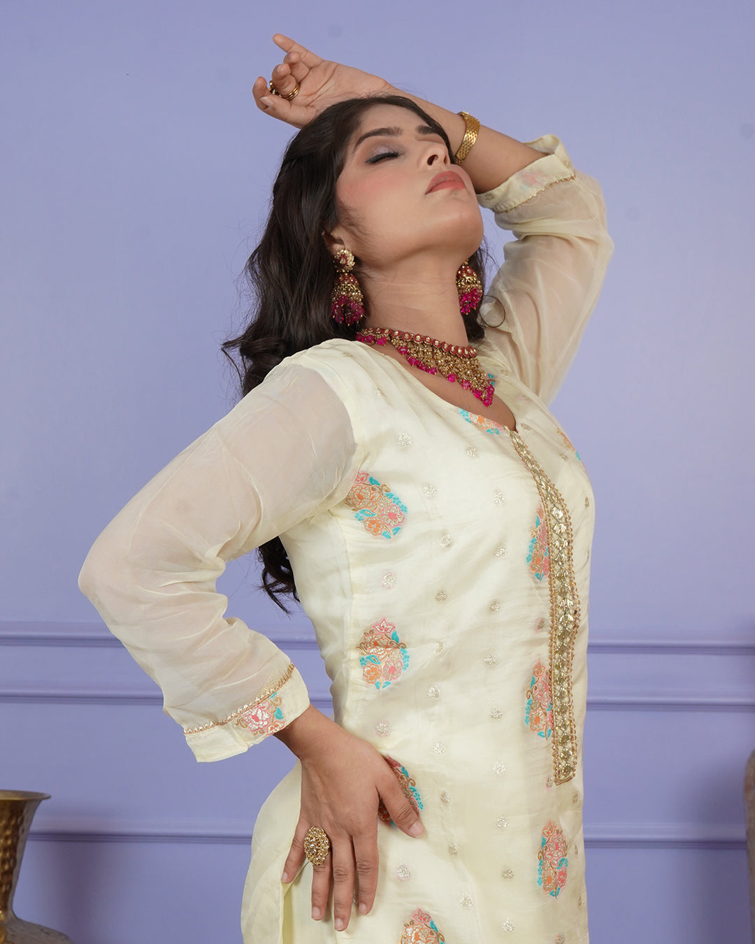 Banarasi Boota Straight Kurti Set with Handwork