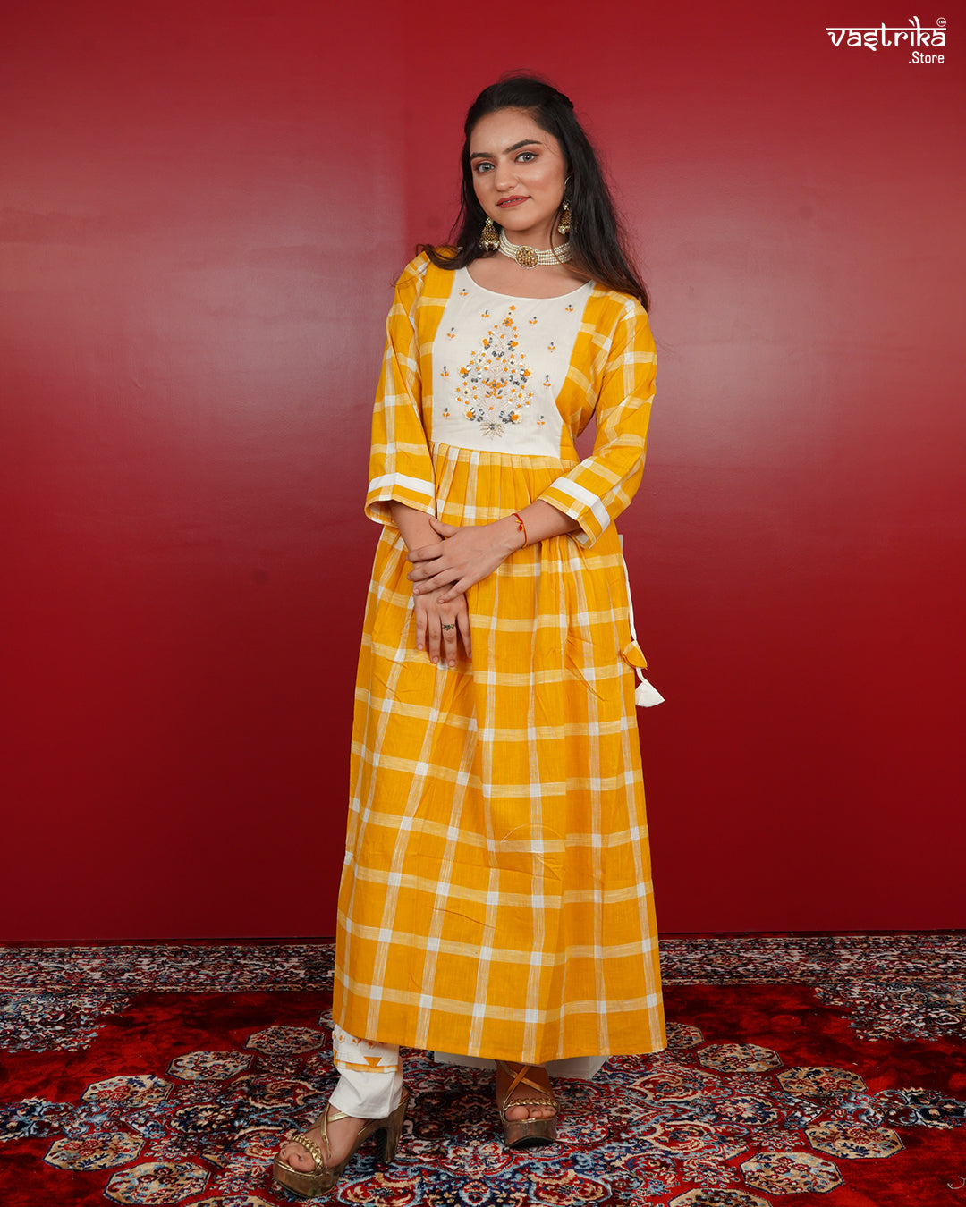 Frock-Style Kurti Set in Chequered Print with Detailed Embellishments