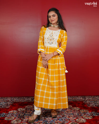 Frock-Style Kurti Set in Chequered Print with Detailed Embellishments