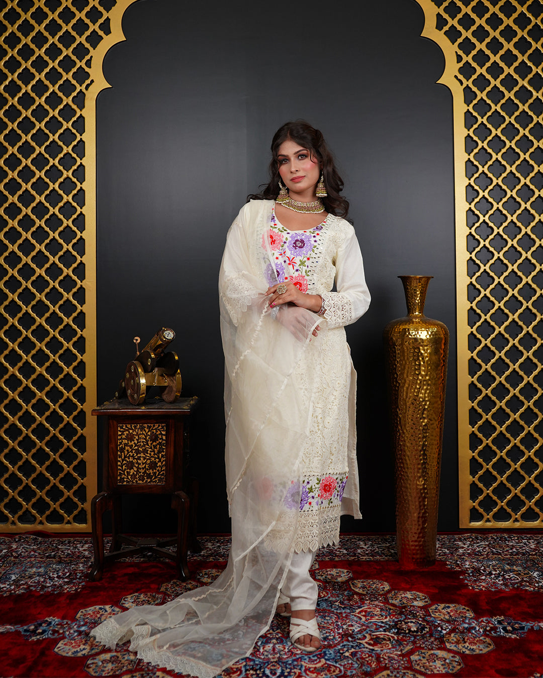 Embroidered Mirror Work Kurti Set with Organza Dupatta