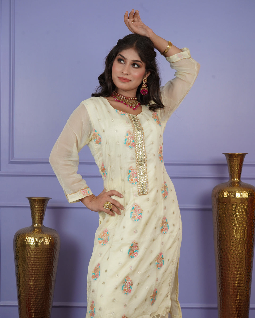 Banarasi Boota Straight Kurti Set with Handwork