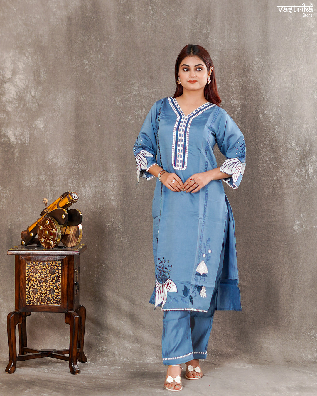 Roman Silk Kurti Set with Lace Work