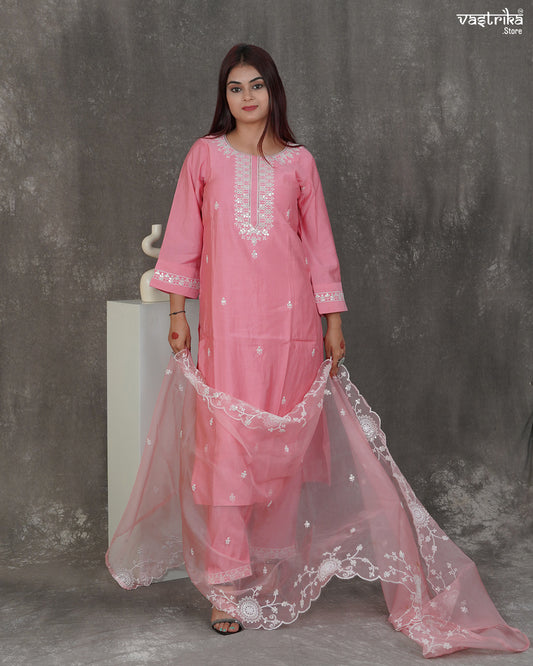 Zohra Threadwork Kurti Set with Organza Dupatta