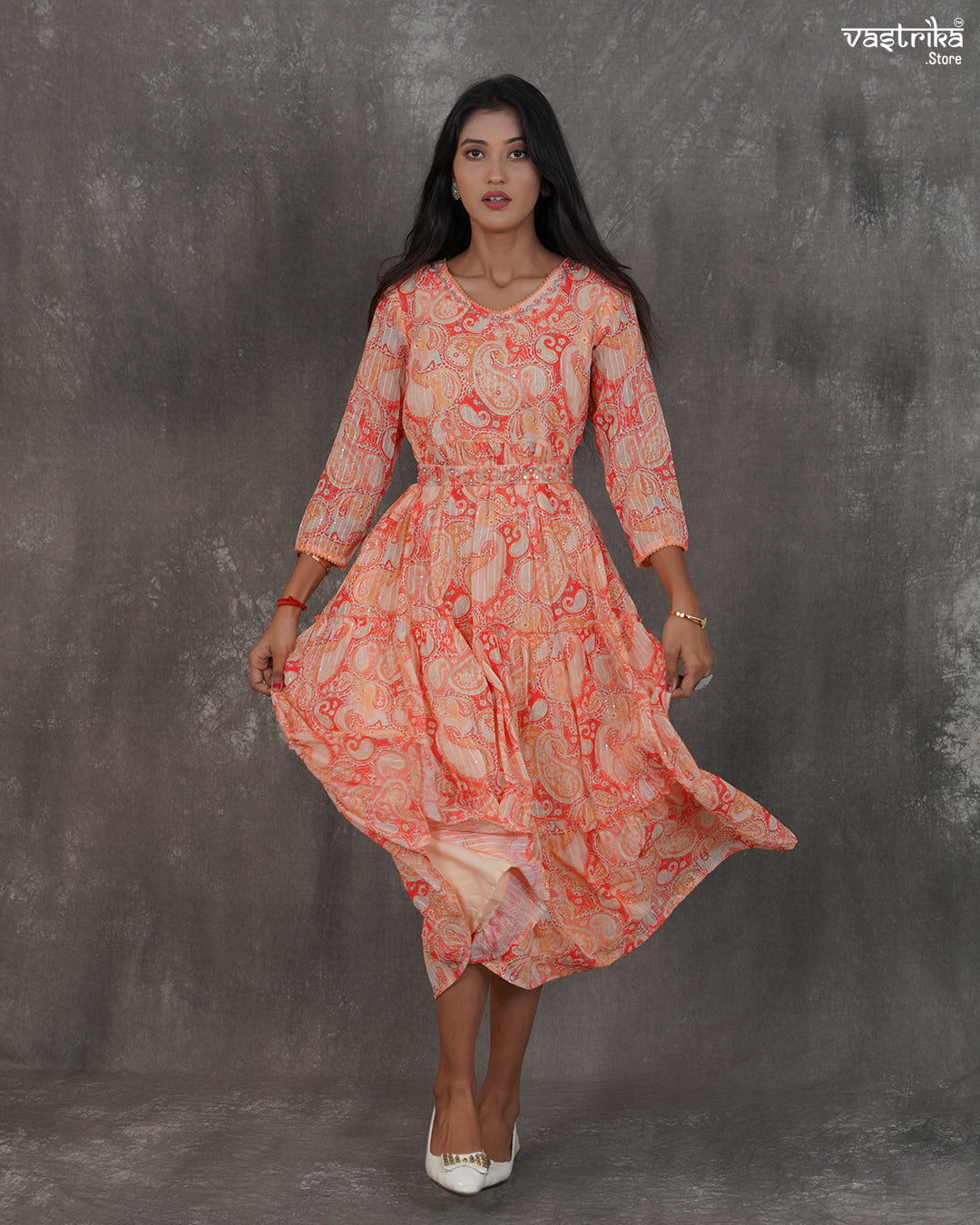 One-Piece Georgette Frock with Handworked Sequin Neckline & Belt