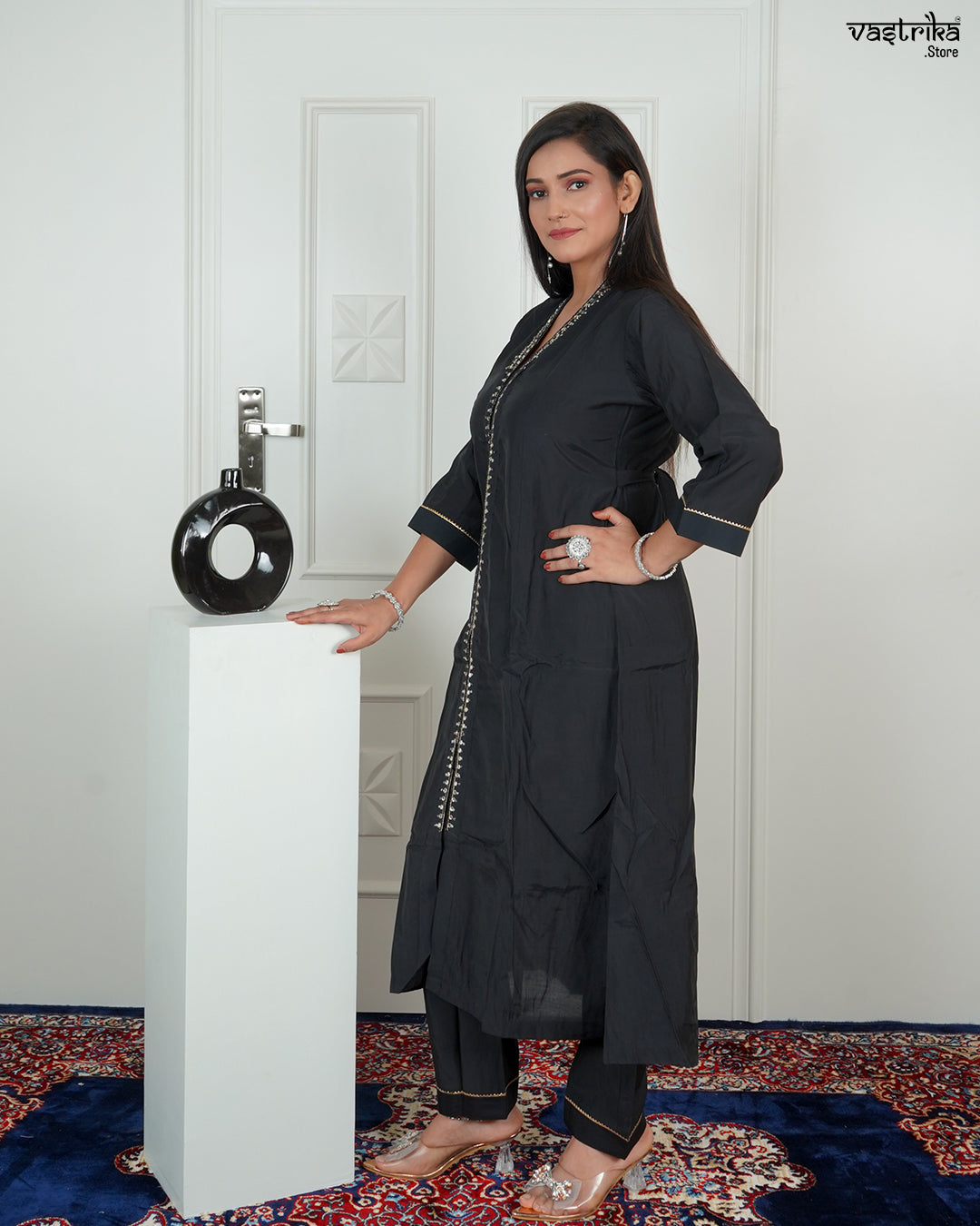 Elegant V-Collar Kurti with Handworked Trousers