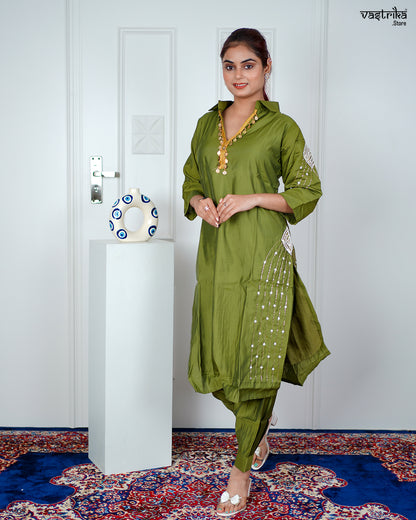 Mehndi Masleen Coord Set with Handwork & Sequence