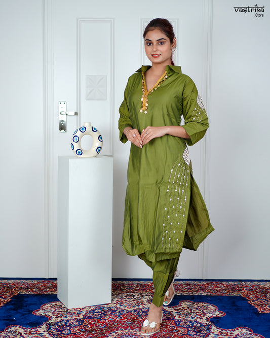 Mehndi Masleen Coord Set with Handwork & Sequence